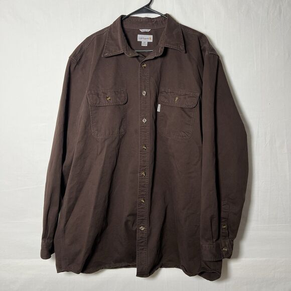 Carhartt Men’s 2XL Tall Brown Button Up Work Shirt Long Sleeve Canvas Utility - Picture 1 of 10